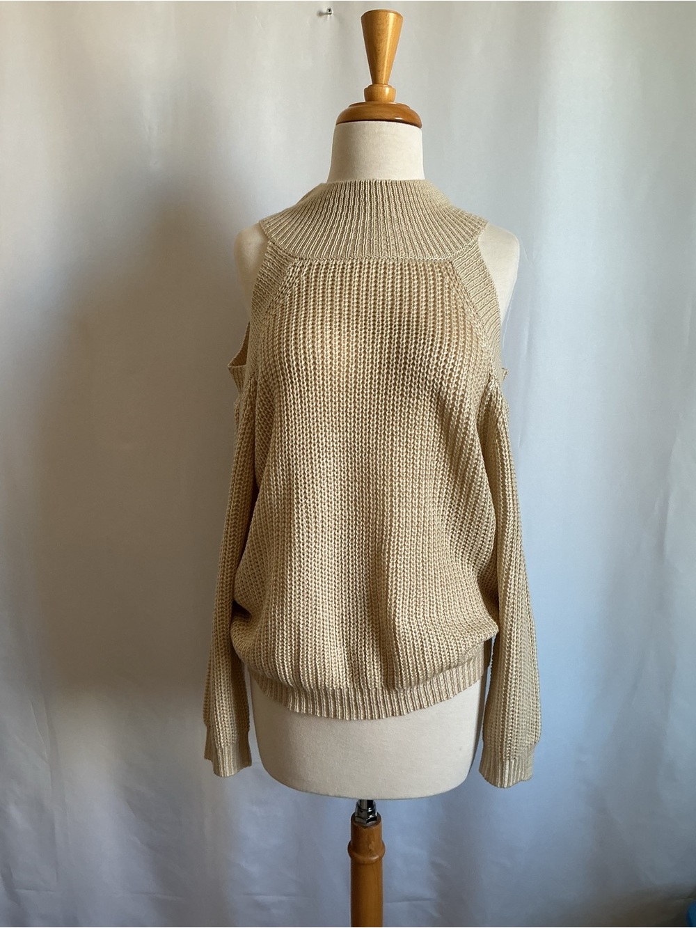 Pink Lily Beige Cold-Shoulder Knit Sweater Outmeal Cut Out